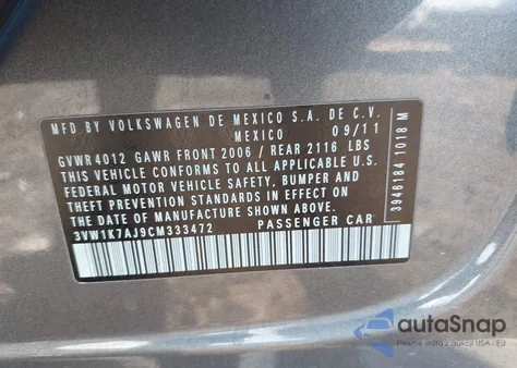 2012 Volkswagen Jetta 2.0L S z USA, uszkodzony, nr VIN 3VW1K7AJ9CM333472